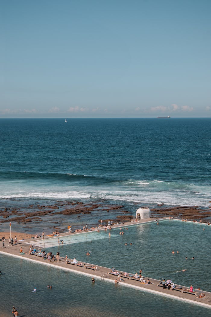 A stunning aerial view of Newcastles ocean pools along the coast, capturing the summer vibe.